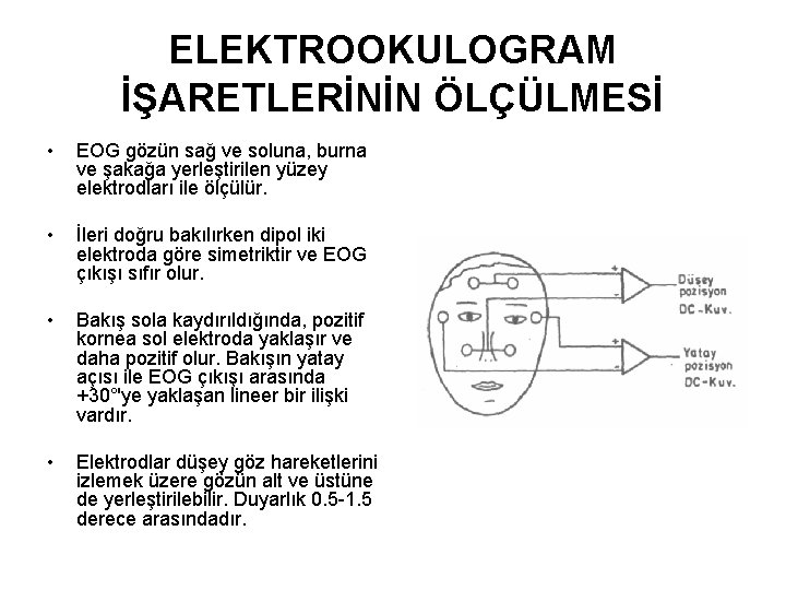ELEKTROOKULOGRAM İŞARETLERİNİN ÖLÇÜLMESİ • EOG gözün sağ ve soluna, burna ve şakağa yerleştirilen yüzey