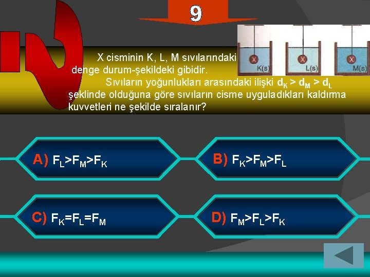  X cisminin K, L, M sıvılarındaki denge durum-şekildeki gibidir. Sıvıların yoğunlukları arasındaki ilişki