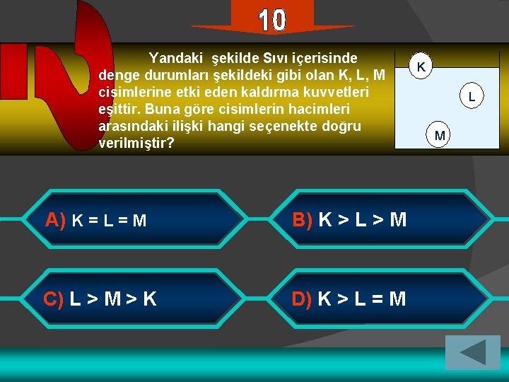 Yandaki şekilde Sıvı içerisinde denge durumları şekildeki gibi olan K, L, M cisimlerine etki