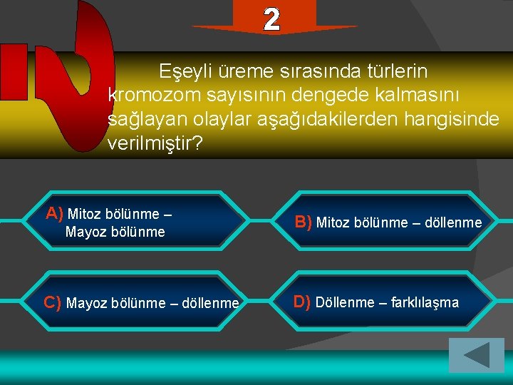 Eşeyli üreme sırasında türlerin kromozom sayısının dengede kalmasını sağlayan olaylar aşağıdakilerden hangisinde verilmiştir? A)