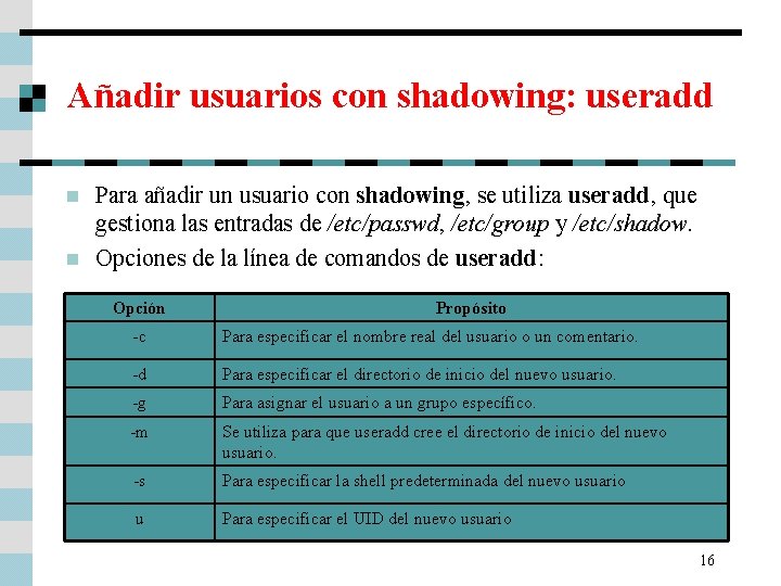 Añadir usuarios con shadowing: useradd n n Para añadir un usuario con shadowing, se