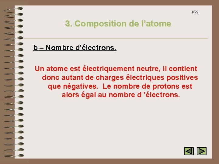 8/22 3. Composition de l’atome b – Nombre d’électrons. Un atome est électriquement neutre,