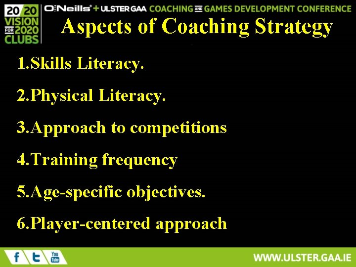 Aspects of Coaching Strategy 1. Skills Literacy. 2. Physical Literacy. 3. Approach to competitions