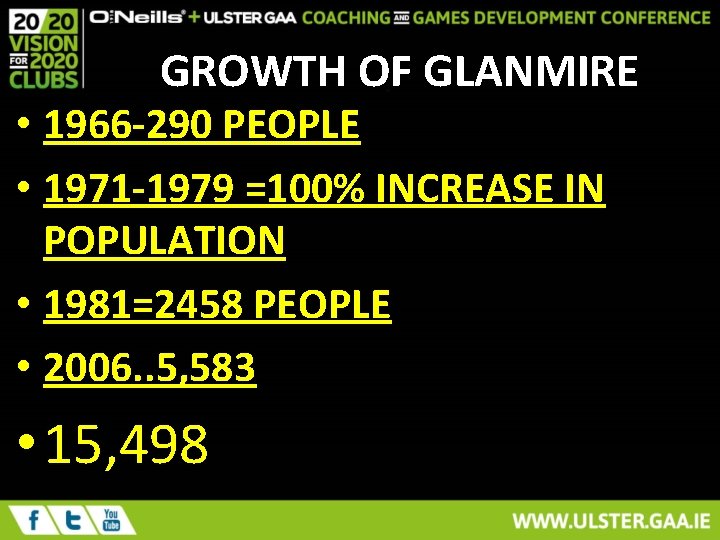 GROWTH OF GLANMIRE • 1966 -290 PEOPLE • 1971 -1979 =100% INCREASE IN POPULATION