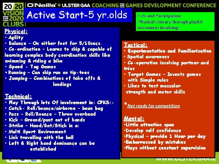 Active Start-5 Start- yr. olds Physical: • Agility • Balance – On either foot