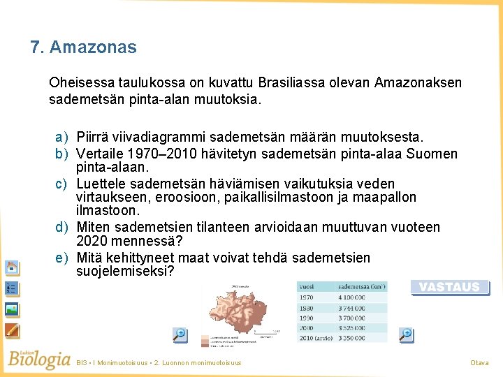 7. Amazonas Oheisessa taulukossa on kuvattu Brasiliassa olevan Amazonaksen sademetsän pinta-alan muutoksia. a) Piirrä 7. Amazonas Oheisessa taulukossa on kuvattu Brasiliassa olevan Amazonaksen sademetsän pinta-alan muutoksia. a) Piirrä