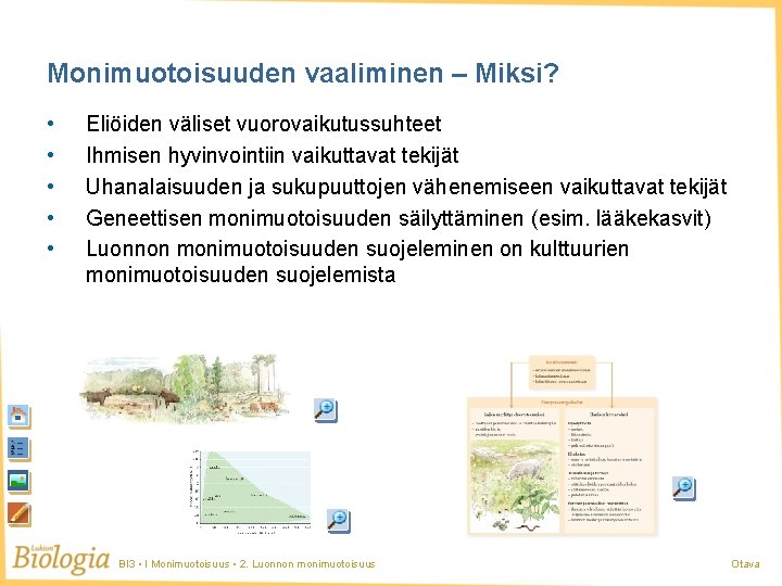 Monimuotoisuuden vaaliminen – Miksi? • • • Eliöiden väliset vuorovaikutussuhteet Ihmisen hyvinvointiin vaikuttavat tekijät Monimuotoisuuden vaaliminen – Miksi? • • • Eliöiden väliset vuorovaikutussuhteet Ihmisen hyvinvointiin vaikuttavat tekijät