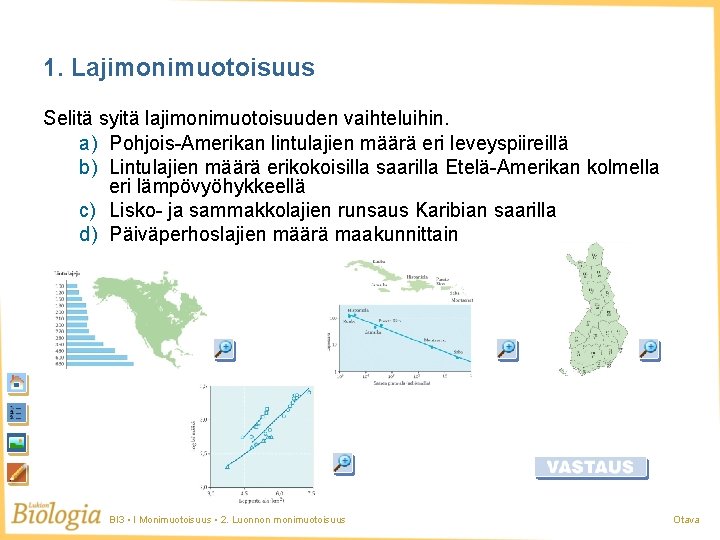 1. Lajimonimuotoisuus Selitä syitä lajimonimuotoisuuden vaihteluihin. a) Pohjois-Amerikan lintulajien määrä eri leveyspiireillä b) Lintulajien 1. Lajimonimuotoisuus Selitä syitä lajimonimuotoisuuden vaihteluihin. a) Pohjois-Amerikan lintulajien määrä eri leveyspiireillä b) Lintulajien