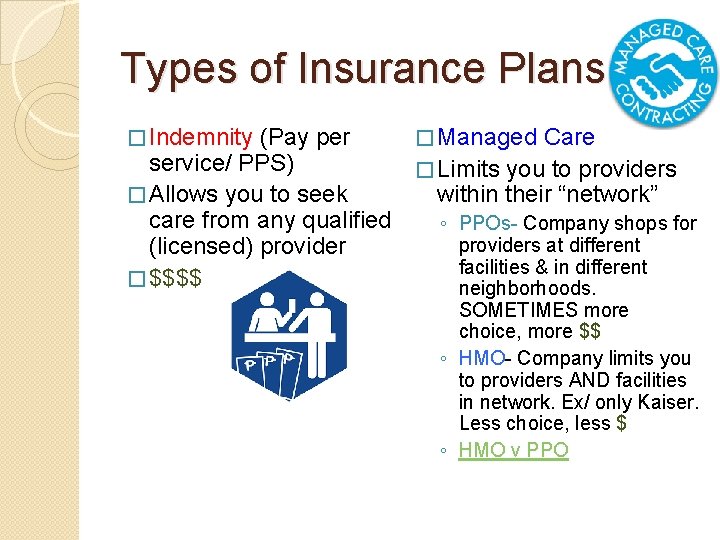 Types of Insurance Plans � Indemnity (Pay per � Managed Care service/ PPS) �