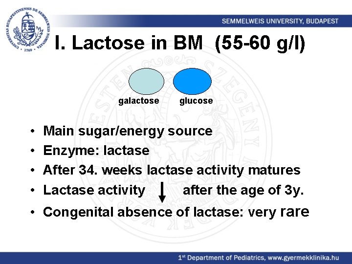 I. Lactose in BM (55 -60 g/l) galactose • • glucose Main sugar/energy source