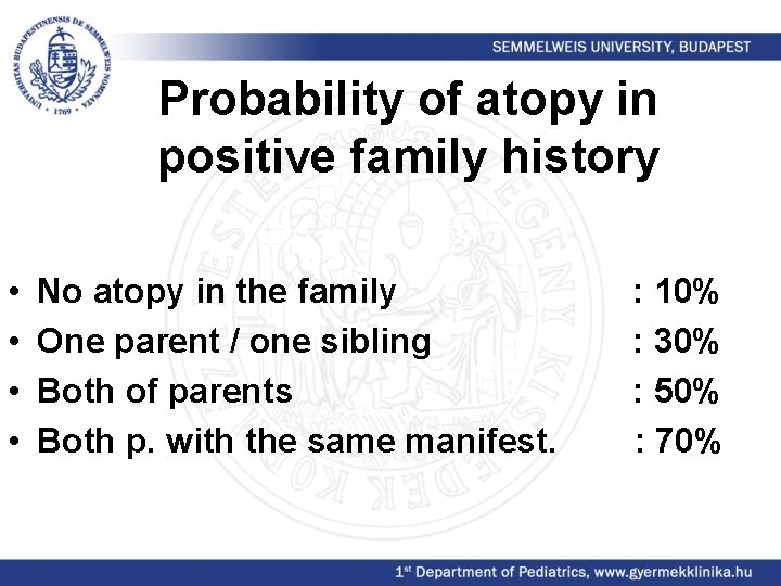 Probability of atopy in positive family history • • No atopy in the family