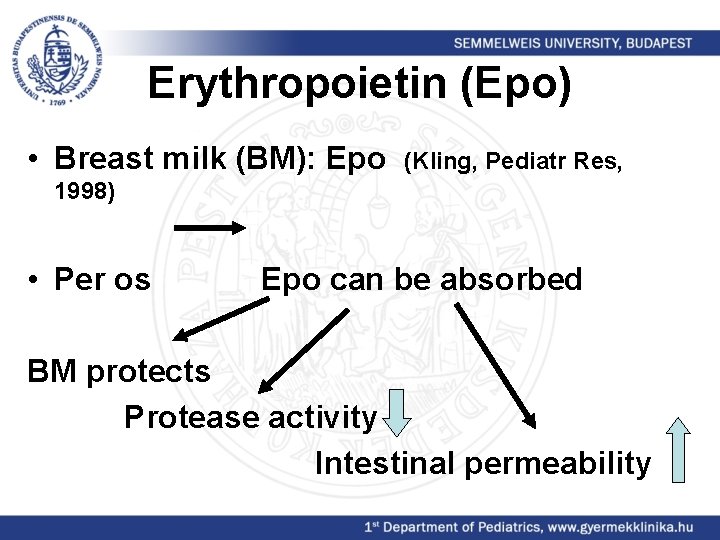 Erythropoietin (Epo) • Breast milk (BM): Epo (Kling, Pediatr Res, 1998) • Per os