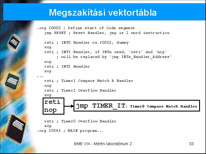 Megszakítási vektortábla. org $0000 ; Define start of Code segment jmp RESET ; Reset Megszakítási vektortábla. org $0000 ; Define start of Code segment jmp RESET ; Reset