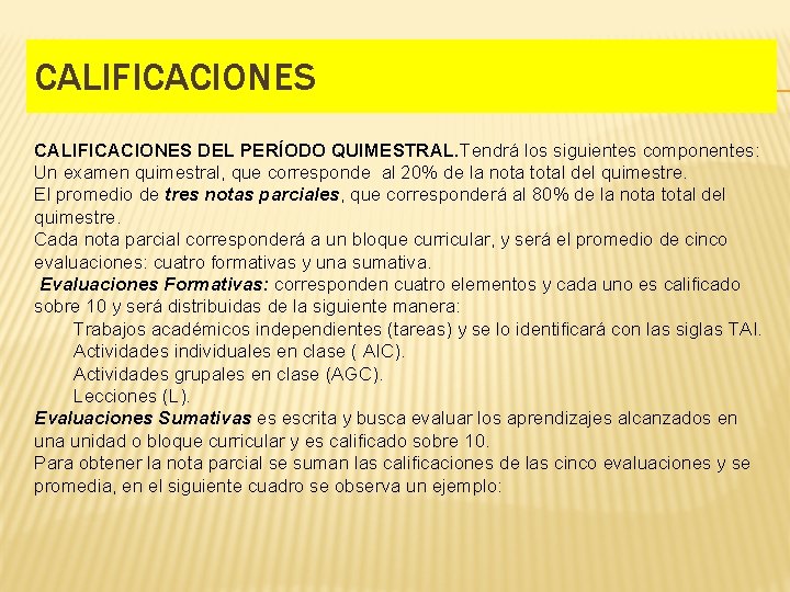 CALIFICACIONES DEL PERÍODO QUIMESTRAL. Tendrá los siguientes componentes: Un examen quimestral, que corresponde al