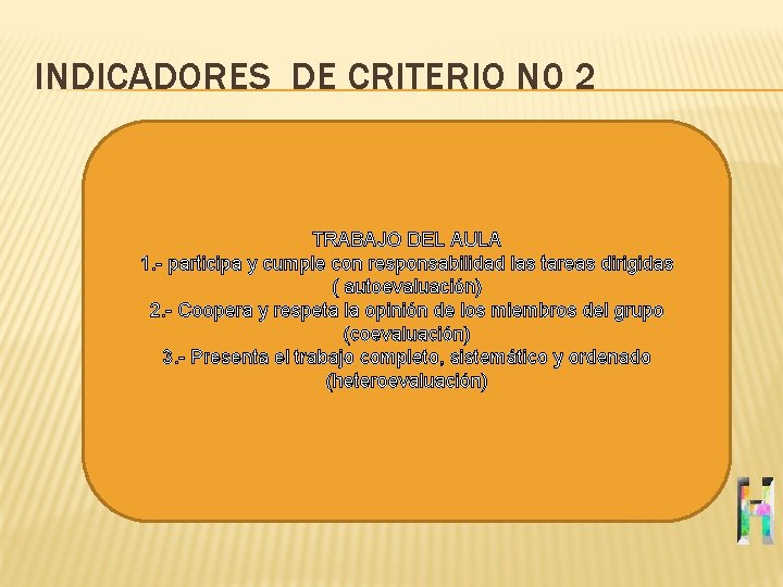 INDICADORES DE CRITERIO N 0 2 TRABAJO DEL AULA 1. - participa y cumple