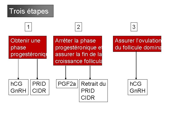 Trois étapes 1 2 3 Obtenir une Arrêter la phase Assurer l’ovulation phase progestéronique