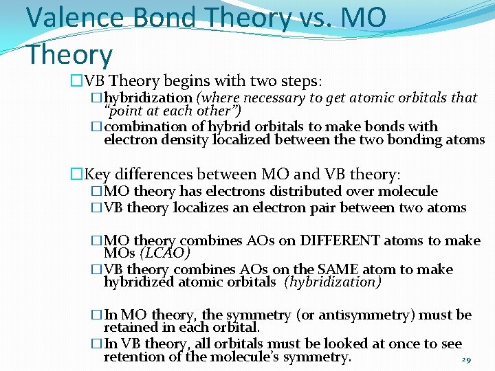 Valence Bond Theory vs. MO Theory �VB Theory begins with two steps: �hybridization (where