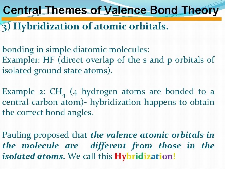 Central Themes of Valence Bond Theory 3) Hybridization of atomic orbitals. bonding in simple