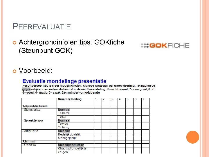 PEEREVALUATIE Achtergrondinfo en tips: GOKfiche (Steunpunt GOK) Voorbeeld: 