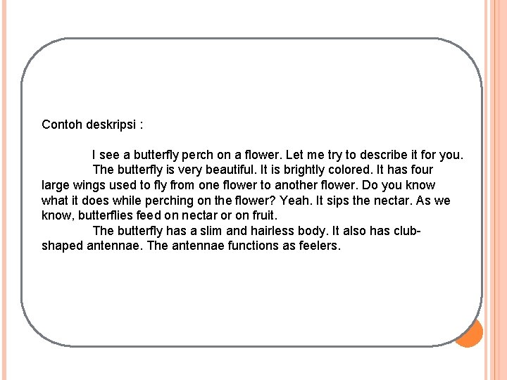 Contoh deskripsi : I see a butterfly perch on a flower. Let me try
