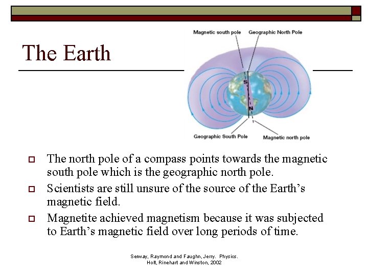 The Earth o o o The north pole of a compass points towards the