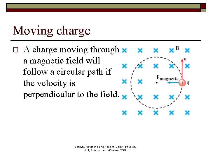 Moving charge o A charge moving through a magnetic field will follow a circular