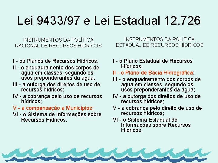Lei 9433/97 e Lei Estadual 12. 726 INSTRUMENTOS DA POLÍTICA NACIONAL DE RECURSOS HÍDRICOS