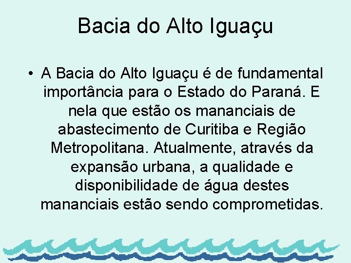 Bacia do Alto Iguaçu • A Bacia do Alto Iguaçu é de fundamental importância