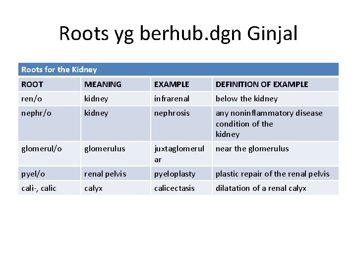 Roots yg berhub. dgn Ginjal Roots for the Kidney ROOT MEANING EXAMPLE DEFINITION OF