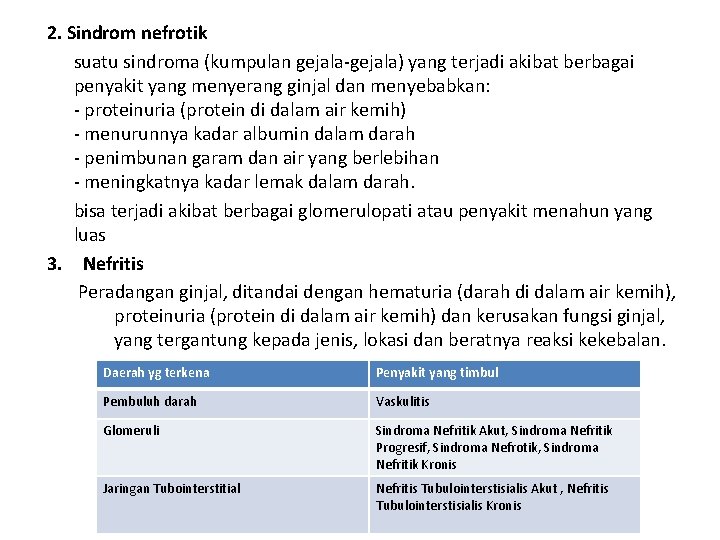 2. Sindrom nefrotik suatu sindroma (kumpulan gejala-gejala) yang terjadi akibat berbagai penyakit yang menyerang