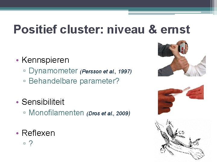 Positief cluster: niveau & ernst • Kennspieren ▫ Dynamometer (Persson et al. , 1997)