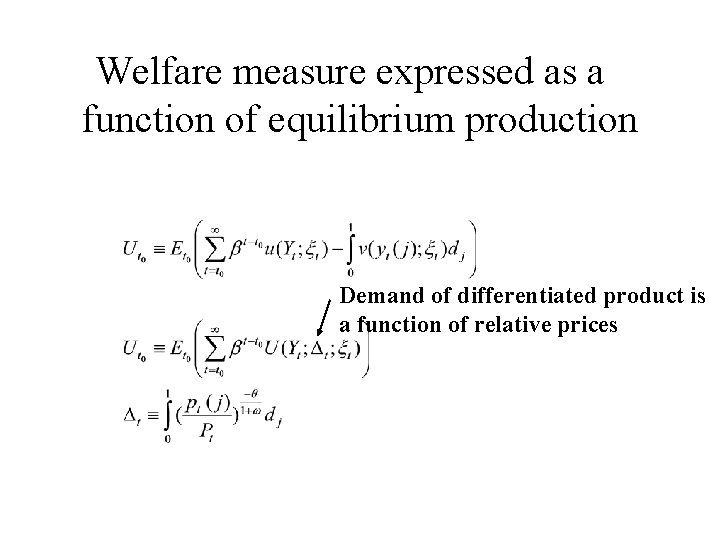 Welfare measure expressed as a function of equilibrium production Demand of differentiated product is