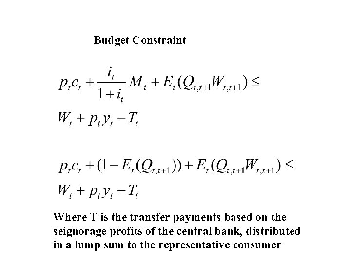 Budget Constraint Where T is the transfer payments based on the seignorage profits of