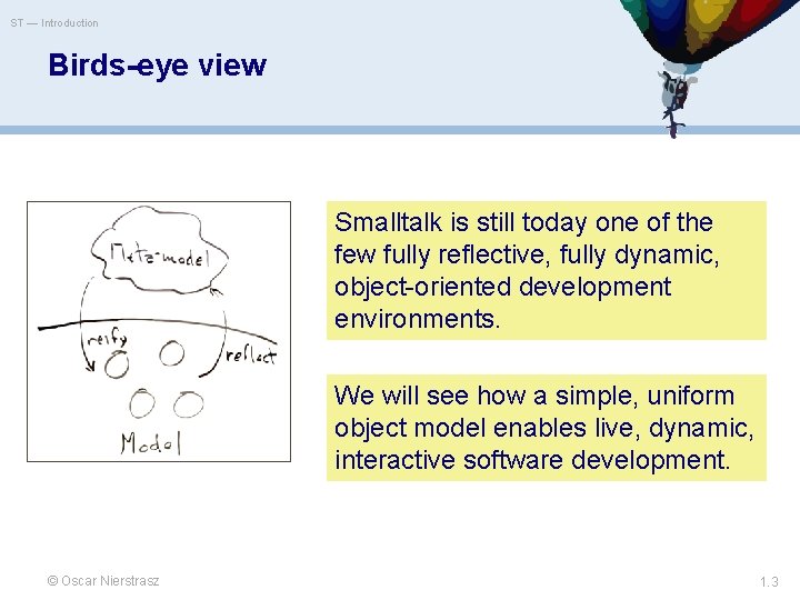 ST — Introduction Birds-eye view Smalltalk is still today one of the few fully