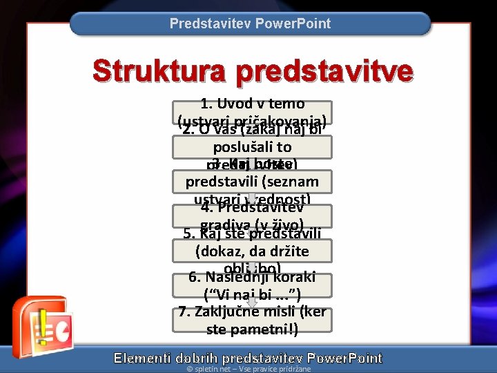 Predstavitev Power. Point Struktura predstavitve 1. Uvod v temo (ustvari 2. O vaspričakovanja) (zakaj