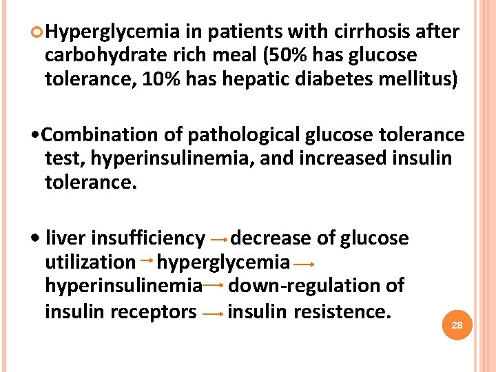  Hyperglycemia in patients with cirrhosis after carbohydrate rich meal (50% has glucose tolerance,