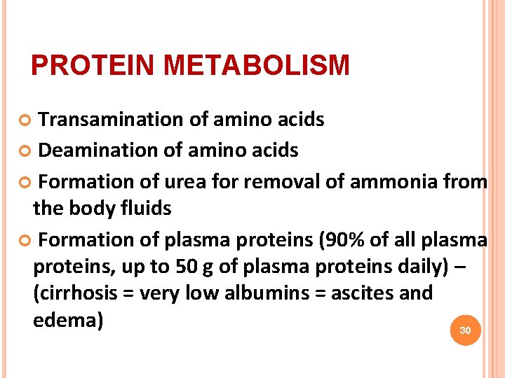 PROTEIN METABOLISM Transamination of amino acids Deamination of amino acids Formation of urea for