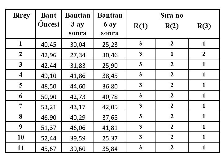 Birey Banttan Öncesi 3 ay 6 ay sonra R(1) Sıra no R(2) R(3) 1