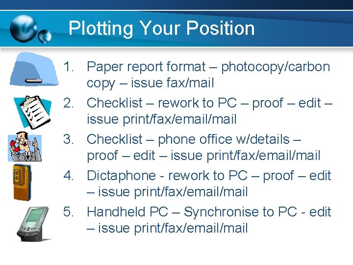 Plotting Your Position 1. Paper report format – photocopy/carbon copy – issue fax/mail 2.