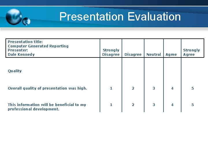 Presentation Evaluation Presentation title: Computer Generated Reporting Presenter: Dale Kennedy Strongly Disagree Neutral Overall