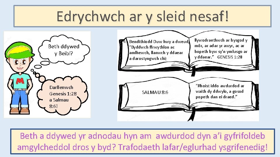 Edrychwch ar y sleid nesaf! Beth ddywed y Beibl? Darllenwch Genesis 1: 28 a