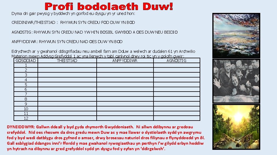 Dyma dri gair pwysig y byddwch yn gorfod eu dysgu yn yr uned hon: