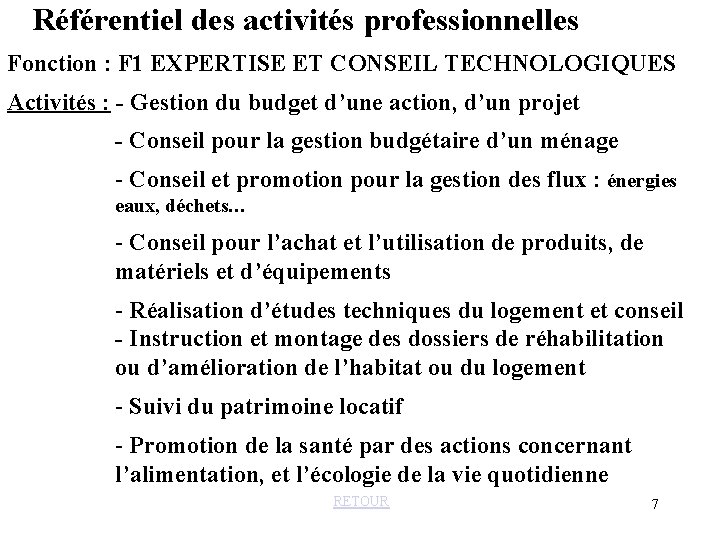 Référentiel des activités professionnelles Fonction : F 1 EXPERTISE ET CONSEIL TECHNOLOGIQUES Activités :