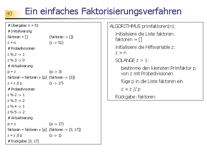 43 Ein einfaches Faktorisierungsverfahren ALGORITHMUS primfaktoren(n): # Übergabe: n = 51 # Initialisierung faktoren