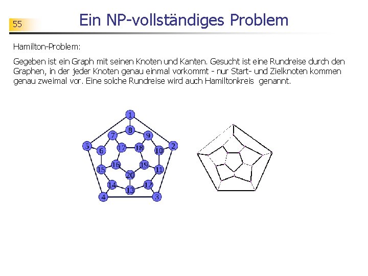 55 Ein NP-vollständiges Problem Hamilton-Problem: Gegeben ist ein Graph mit seinen Knoten und Kanten.