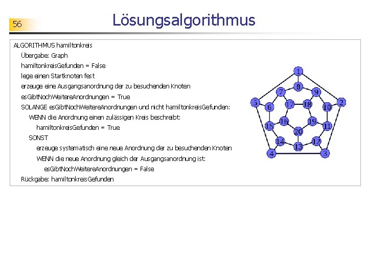 Lösungsalgorithmus 56 ALGORITHMUS hamiltonkreis Übergabe: Graph hamiltonkreis. Gefunden = False lege einen Startknoten fest