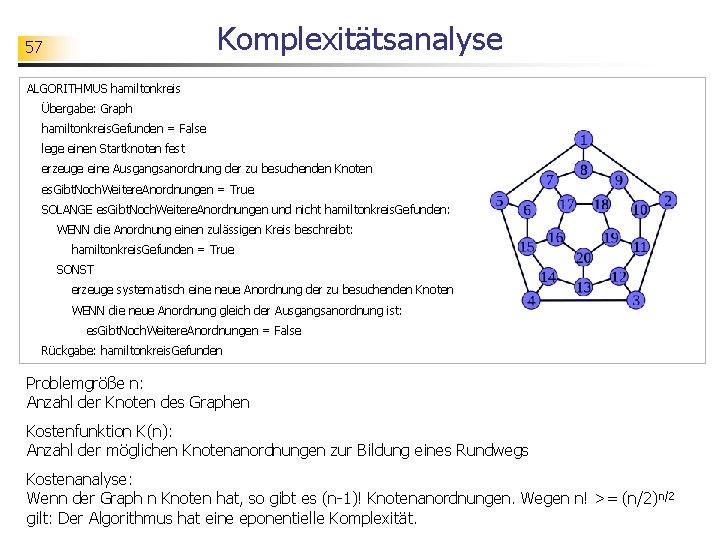 Komplexitätsanalyse 57 ALGORITHMUS hamiltonkreis Übergabe: Graph hamiltonkreis. Gefunden = False lege einen Startknoten fest