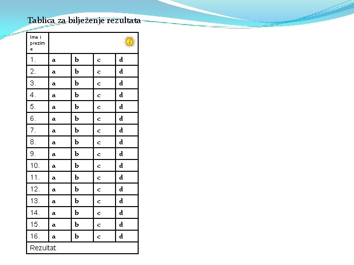 Tablica za bilježenje rezultata Ime i prezim e 1. a b c d 2.