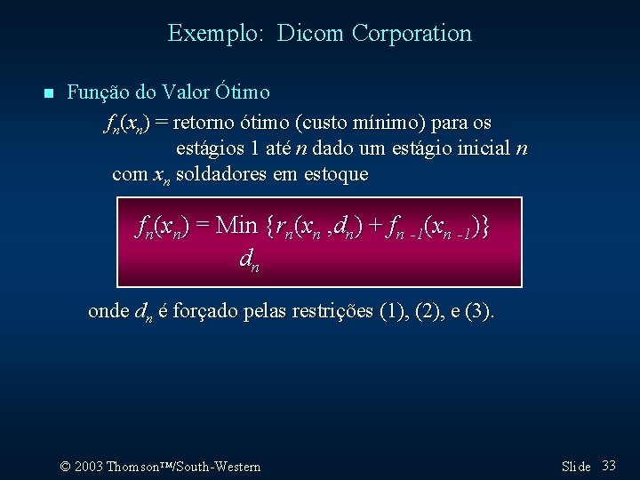 Exemplo: Dicom Corporation n Função do Valor Ótimo fn(xn) = retorno ótimo (custo mínimo)