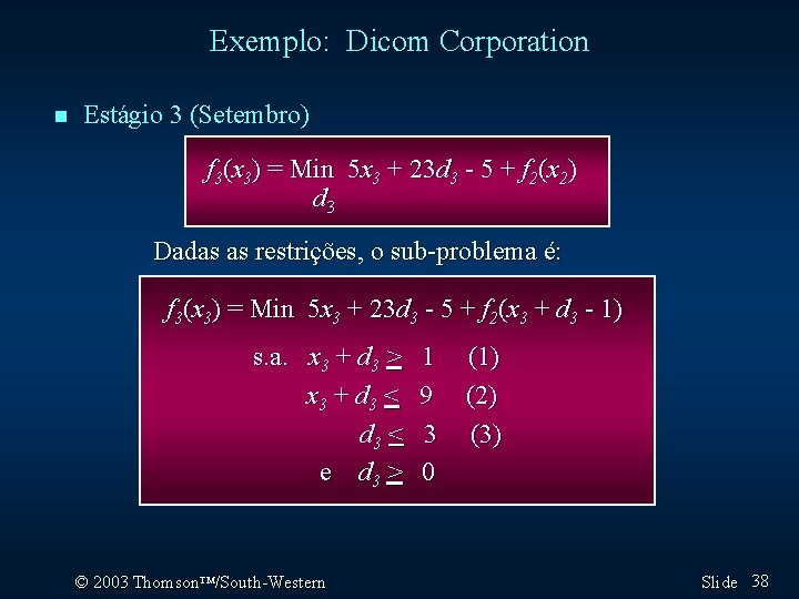 Exemplo: Dicom Corporation n Estágio 3 (Setembro) f 3(x 3) = Min 5 x